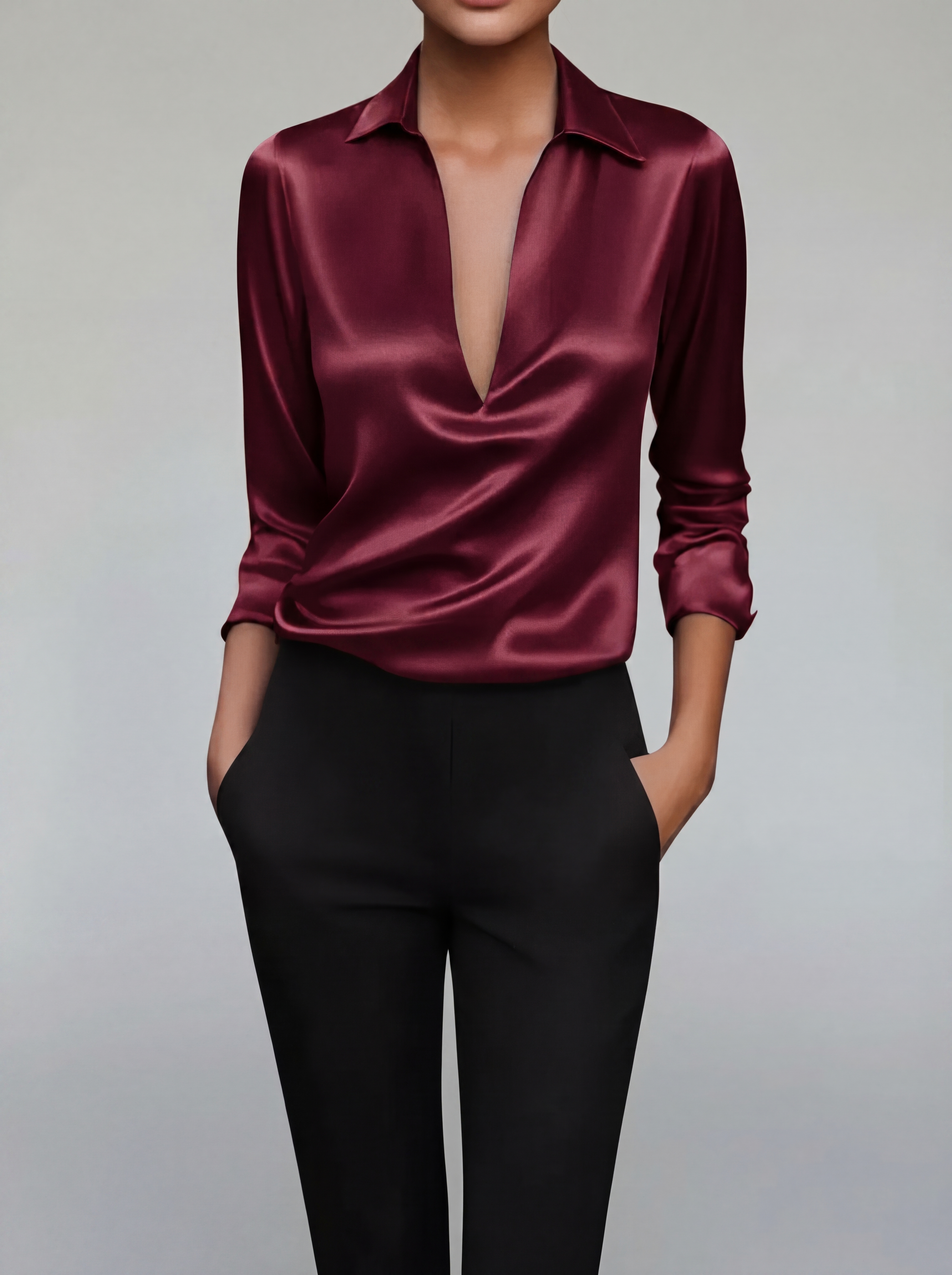 Blouse Satinée à Col V - Haut Élégant Effet Soyeux