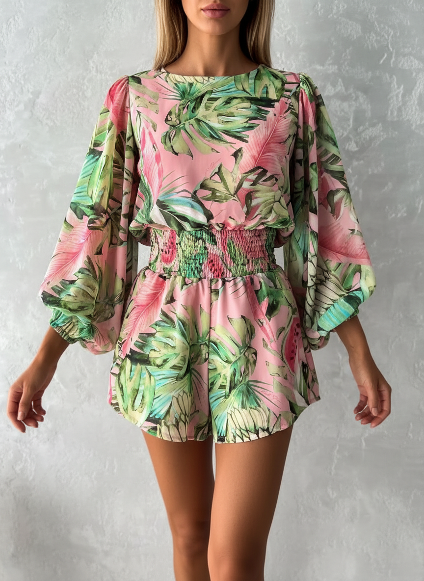 Robe Short Col V Manches Ballon - Élégante Coupe Flatteuse