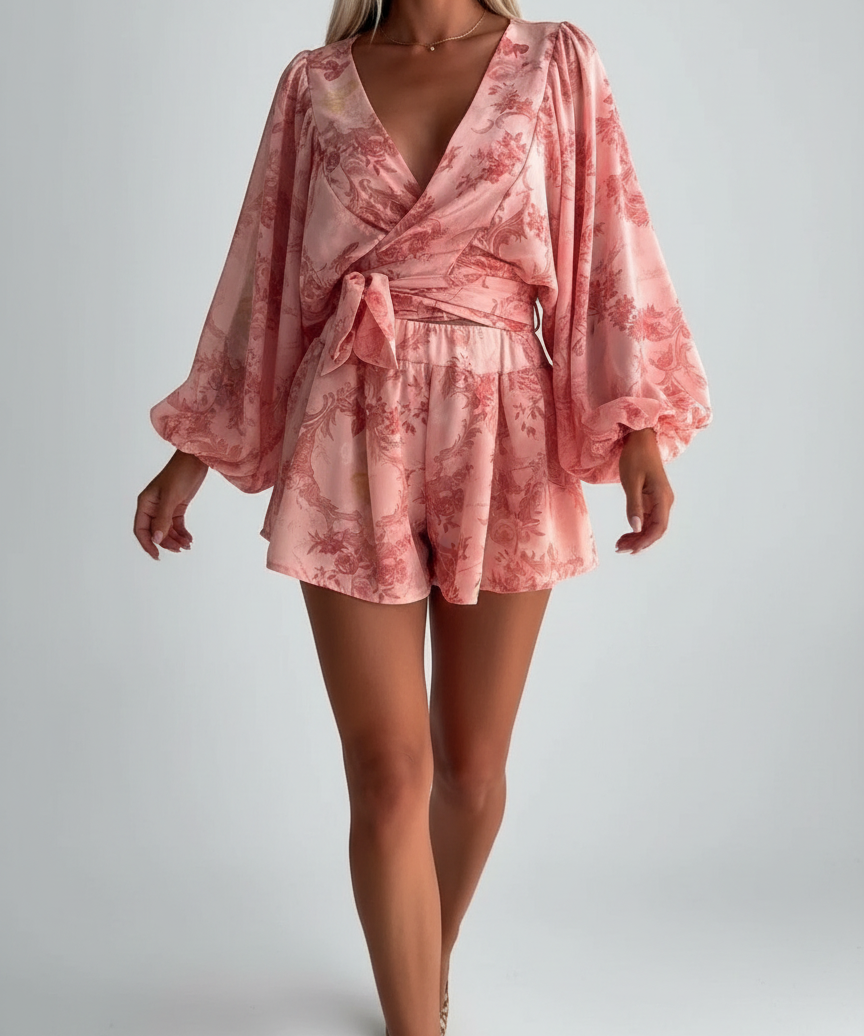 Robe Short Col V Manches Ballon - Élégante Coupe Flatteuse