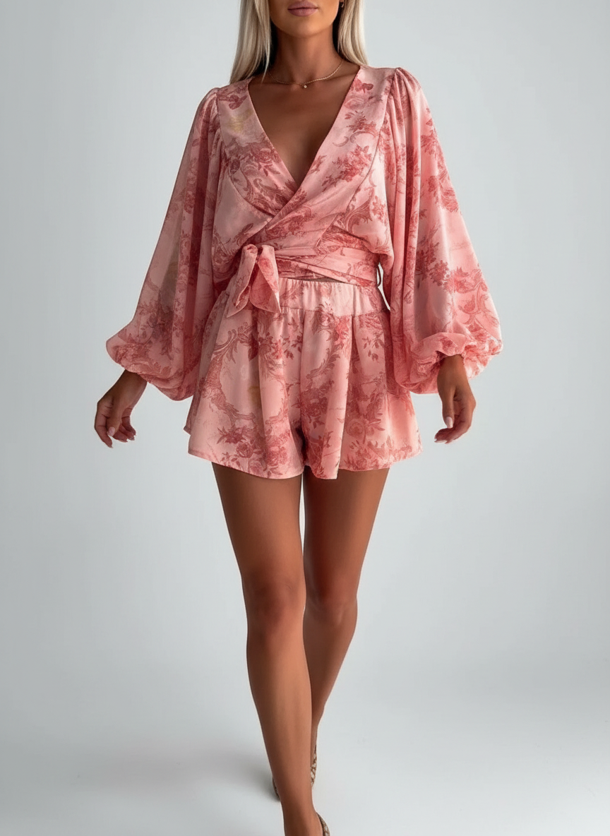 Robe Short Col V Manches Ballon - Élégante Coupe Flatteuse