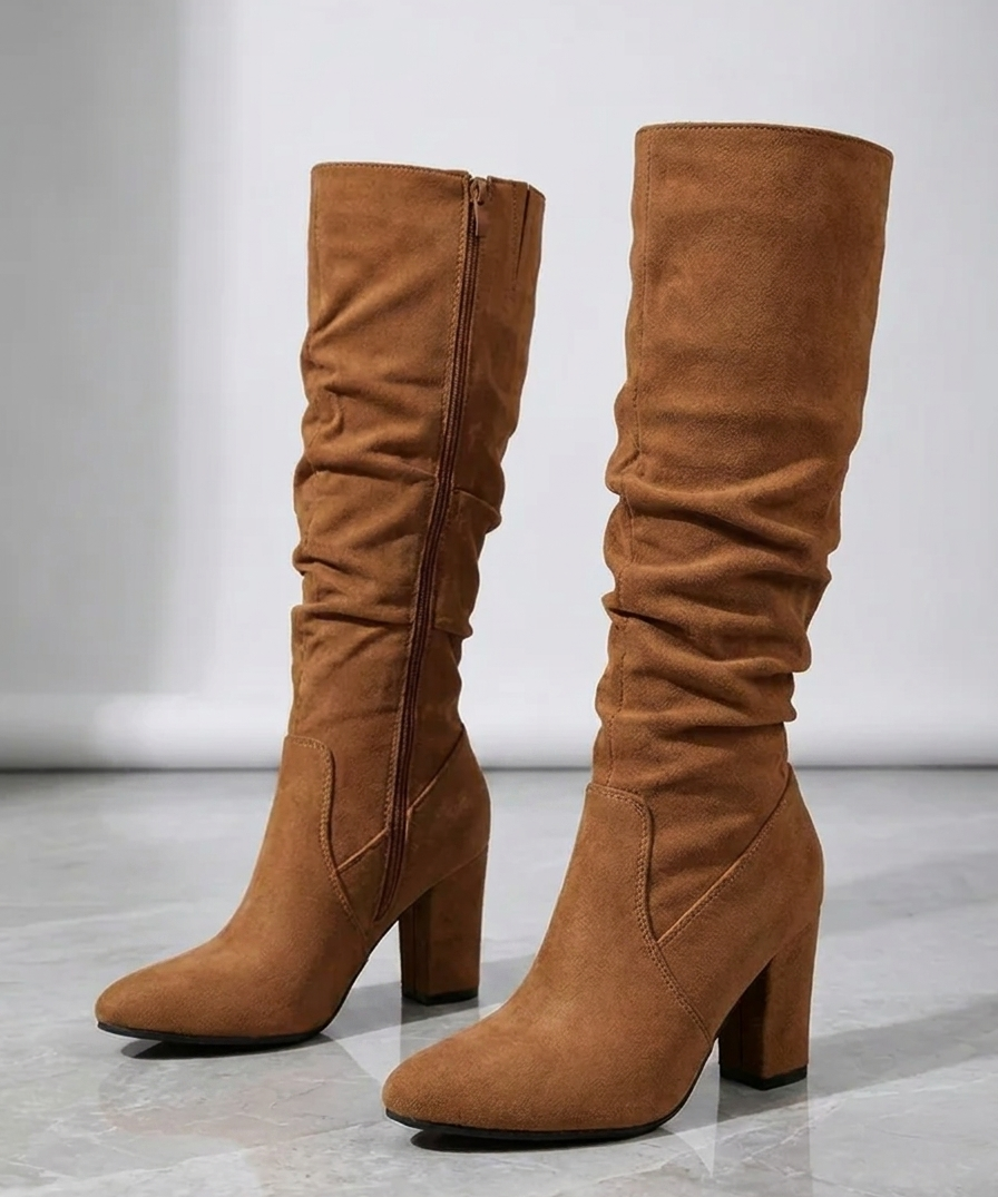 Bottes Tige Froncée Talon Bloc - Élégance Moderne Confortable