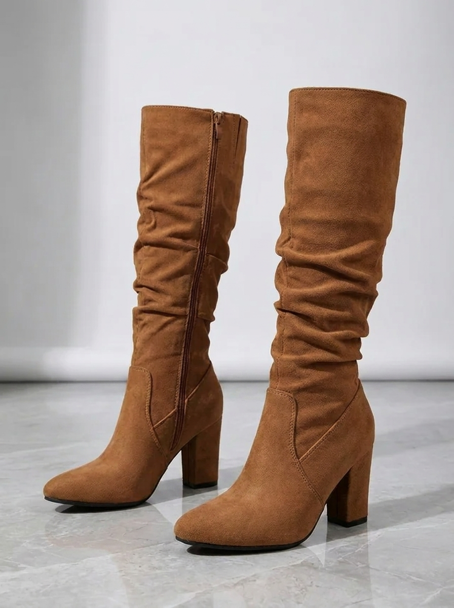 Bottes Tige Froncée Talon Bloc - Élégance Moderne Confortable