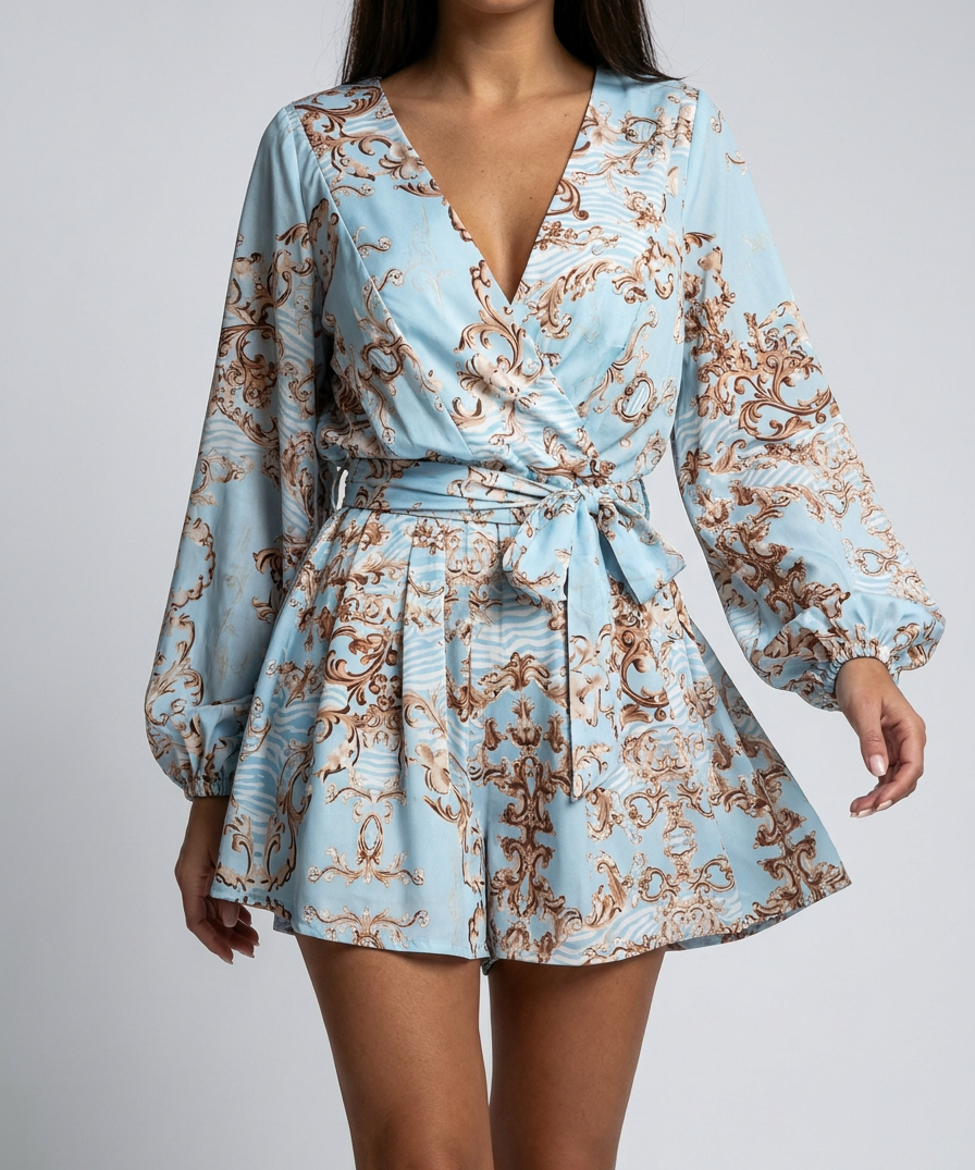 Robe Short Col V Manches Ballon - Élégante Coupe Flatteuse