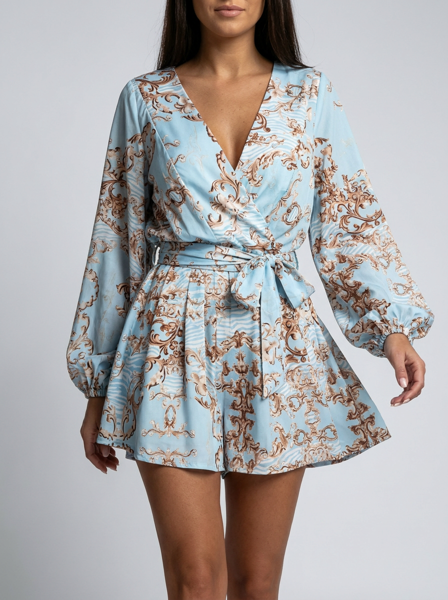 Robe Short Col V Manches Ballon - Élégante Coupe Flatteuse