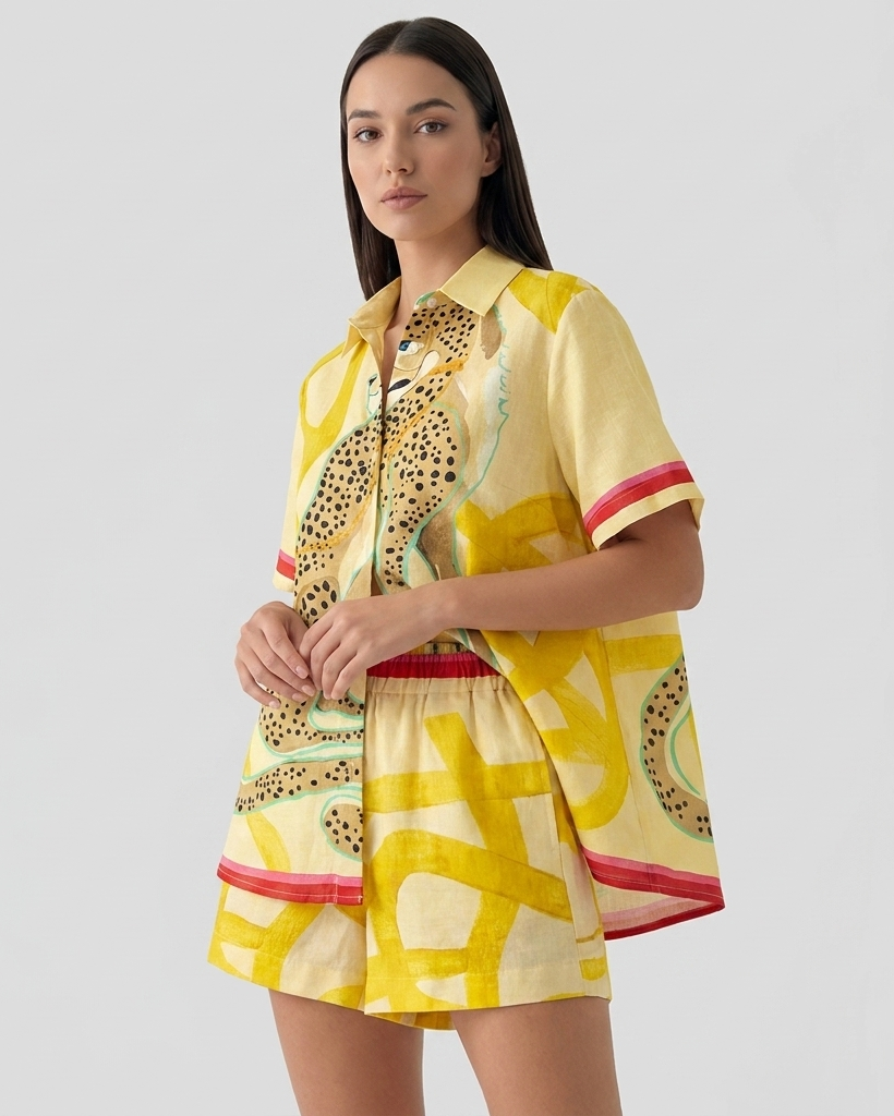 Ensemble Deux Pièces à Imprimé Graphique – Chemise Boutonnée et Short pour Voyages