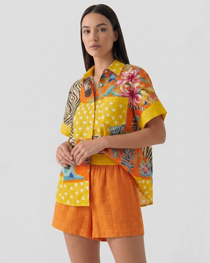 Ensemble Deux Pièces à Imprimé Graphique – Chemise Boutonnée et Short pour Voyages