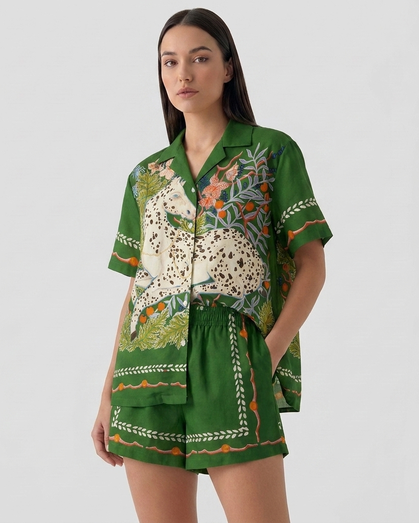 Ensemble Deux Pièces à Imprimé Graphique – Chemise Boutonnée et Short pour Voyages