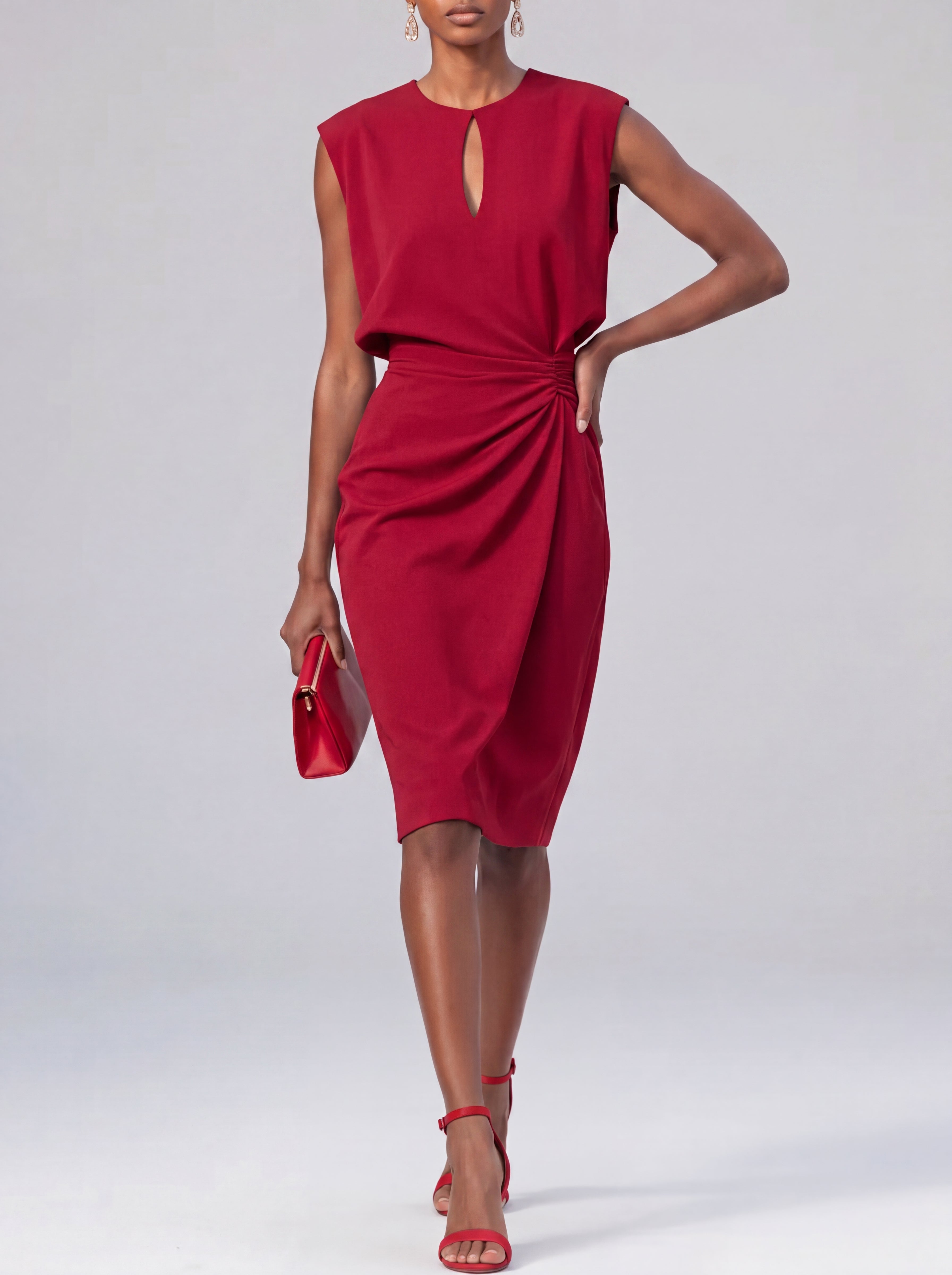 Robe midi froncée col ouvert - Élégante silhouette fluide estivale