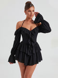 Robe Mini Volants Épaules Dégagées - Élégante Silhouette Féminine