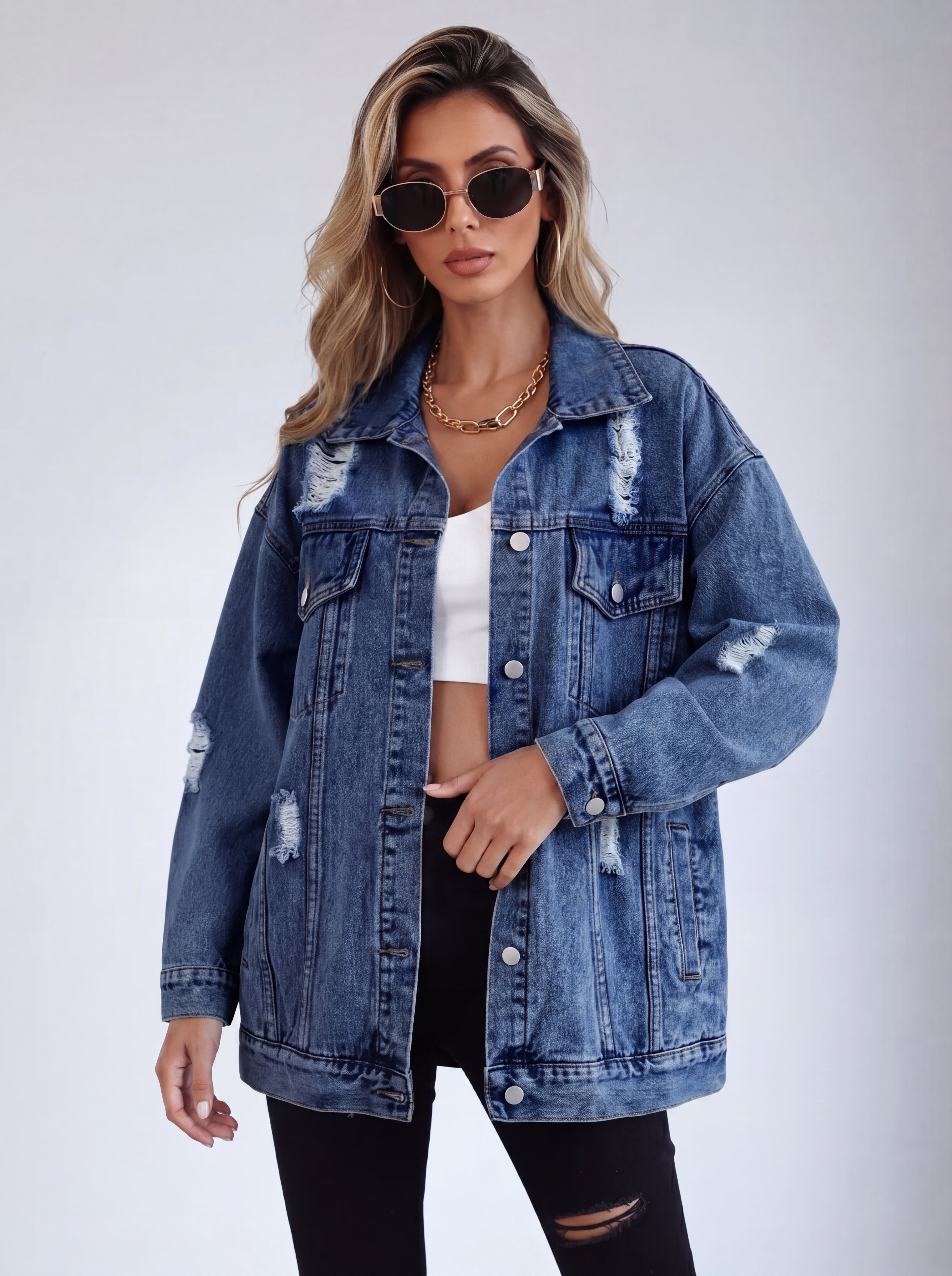 Veste Denim Oversized Effet Usé - Style Urbain Élégant Décontracté