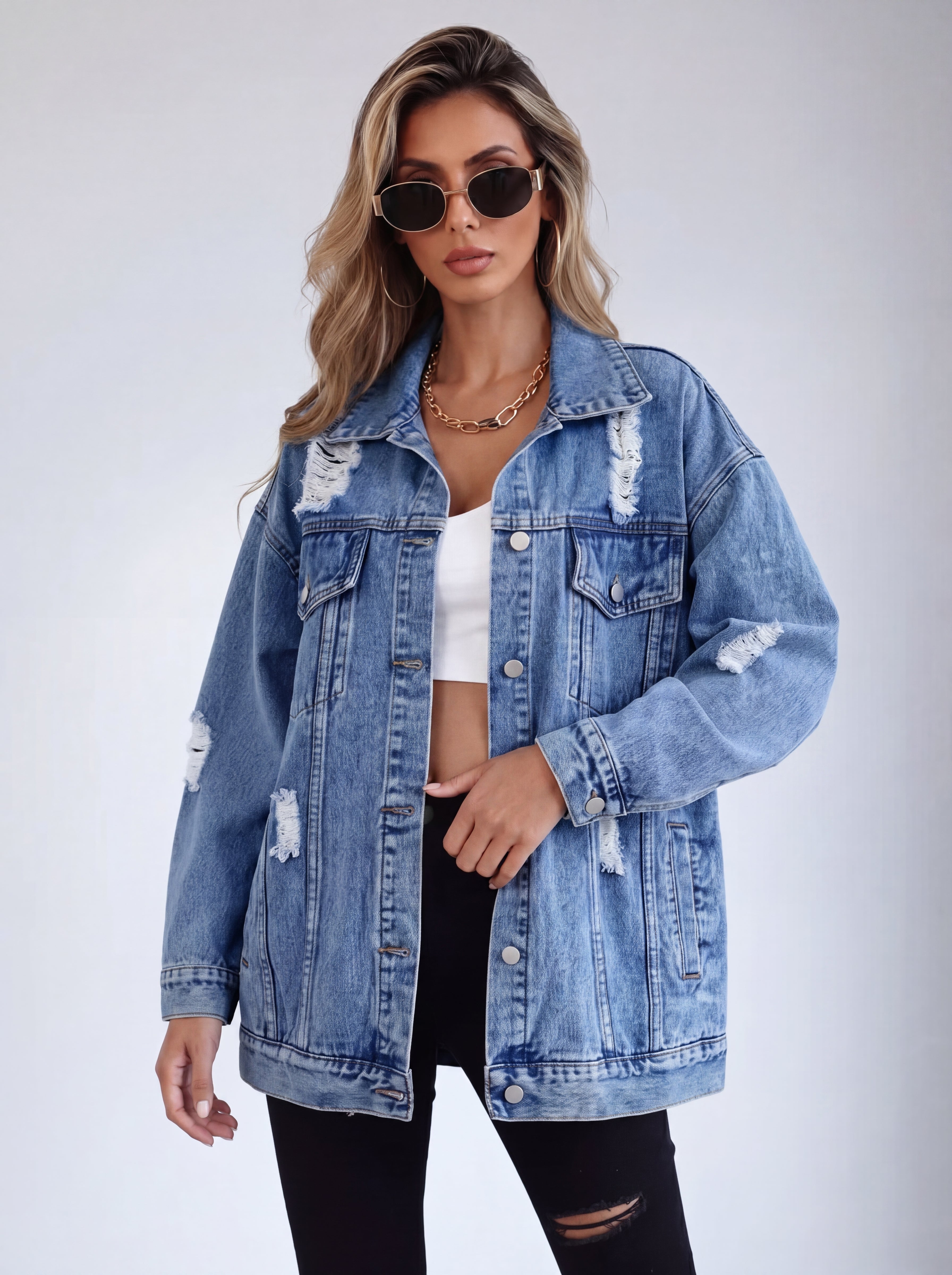 Veste Denim Oversized Effet Usé - Style Urbain Élégant Décontracté