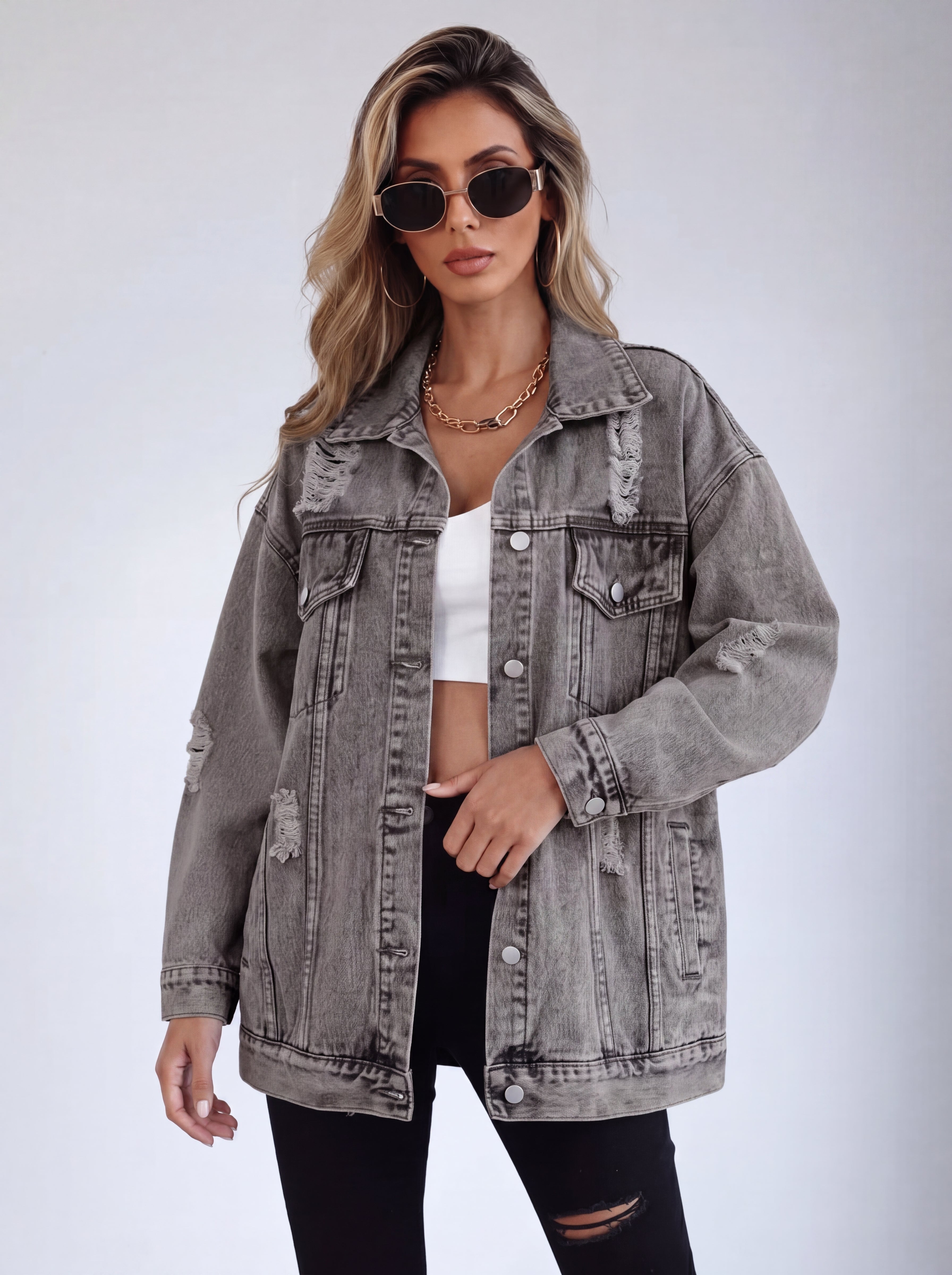 Veste Denim Oversized Effet Usé - Style Urbain Élégant Décontracté