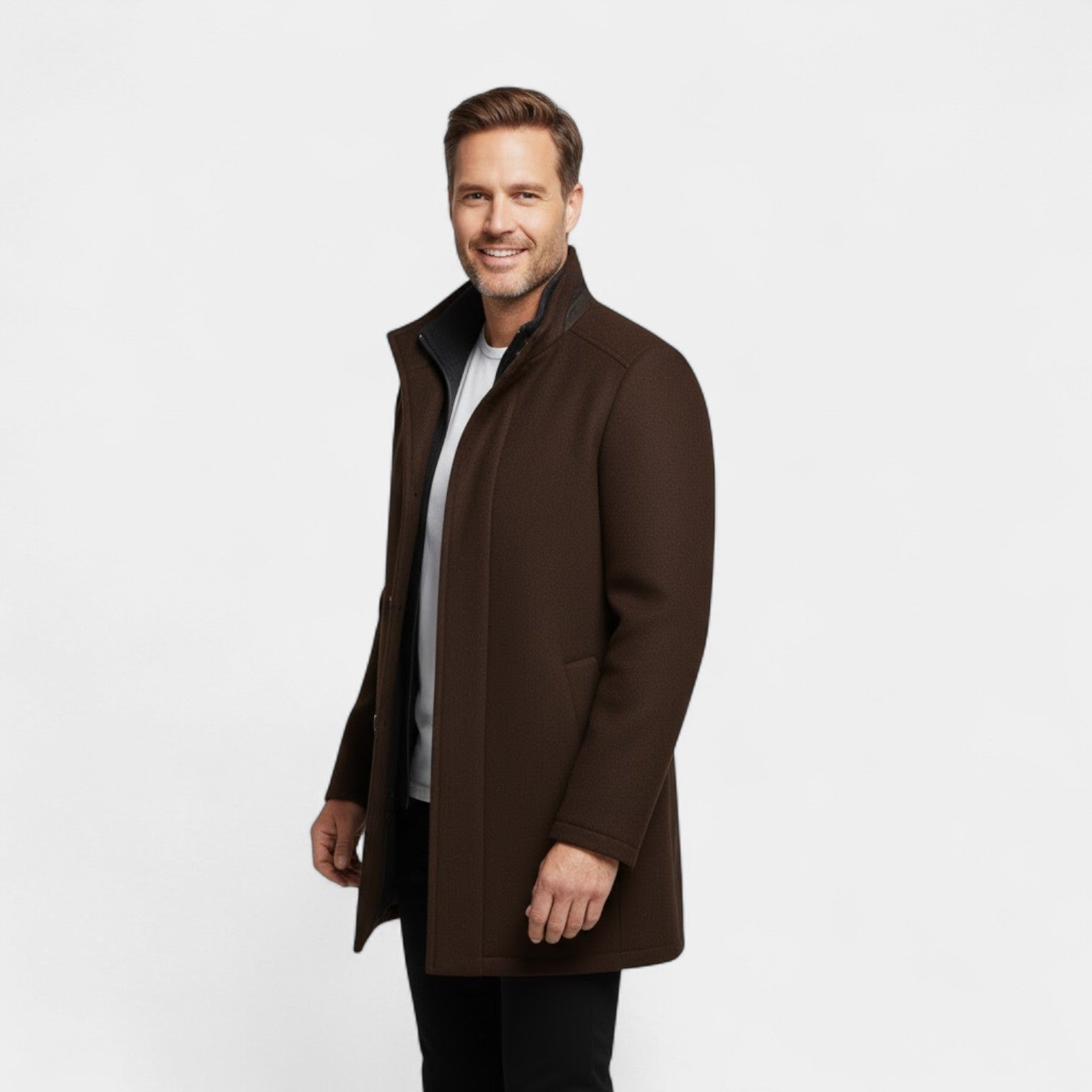 Manteau Mi-Long Homme en Laine avec Col Double Structuré