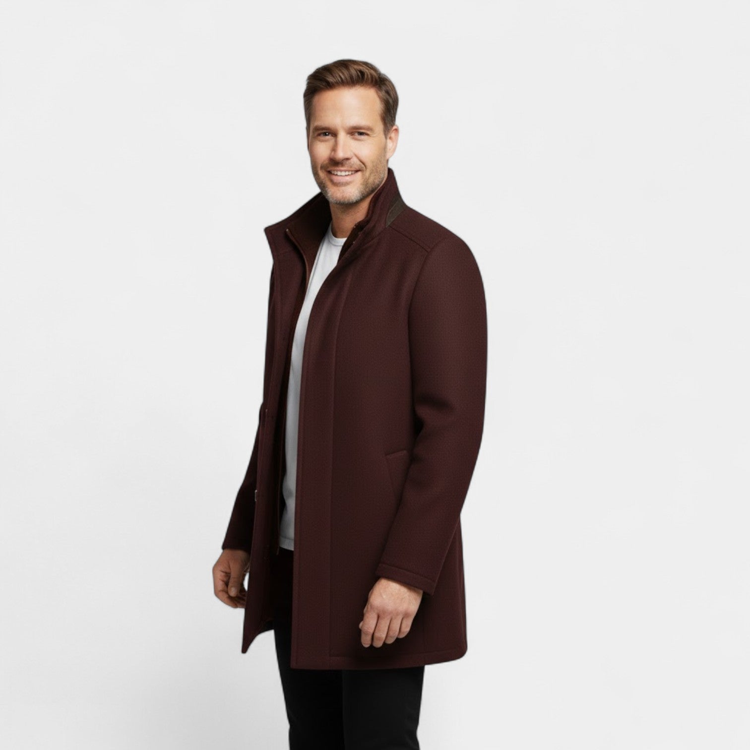 Manteau Mi-Long Homme en Laine avec Col Double Structuré