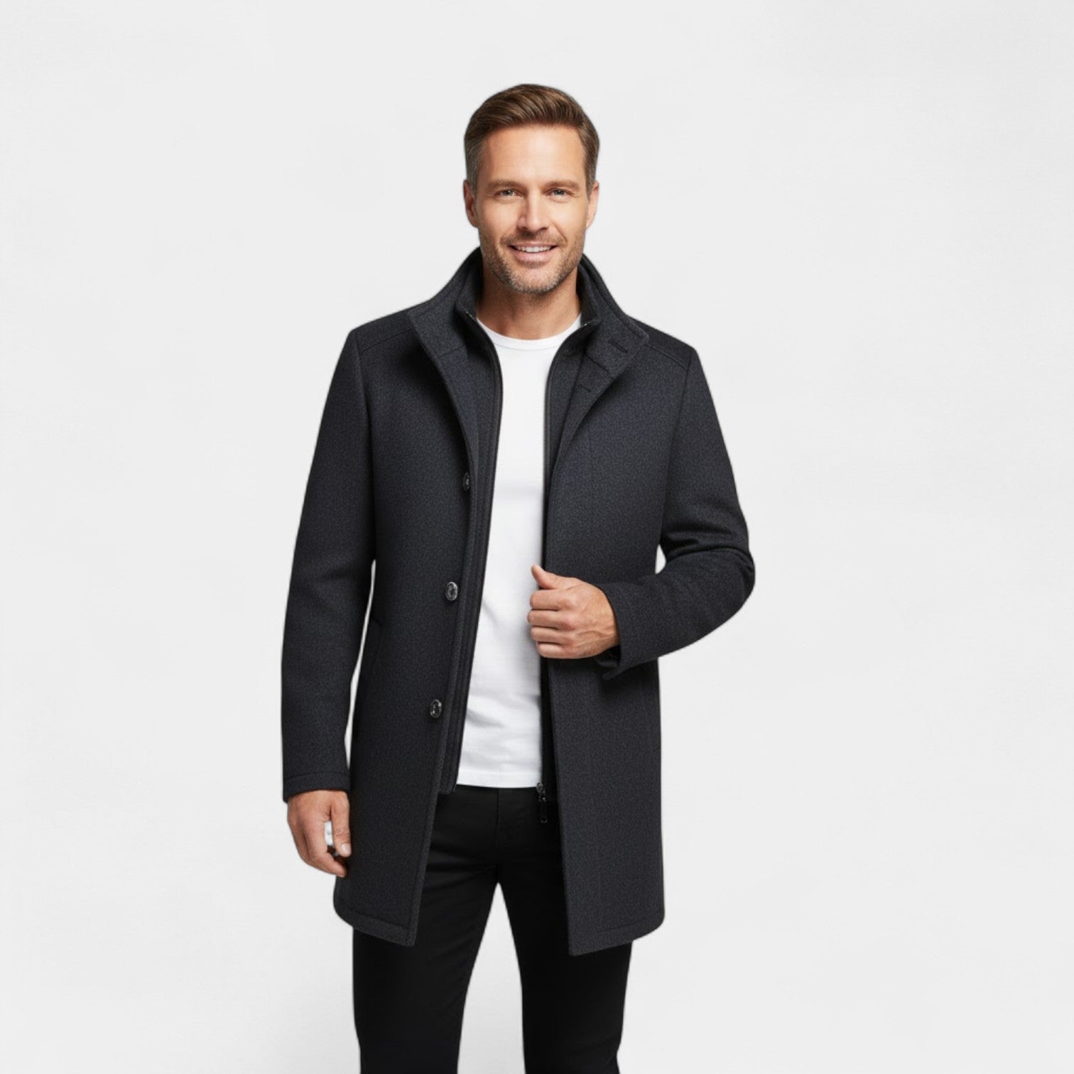 Manteau Mi-Long Homme en Laine avec Col Double Structuré