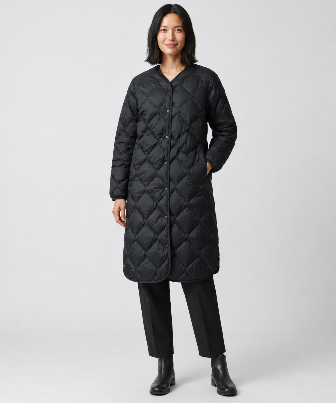Veste longue femme – duvet de canard, ouverture complète, idéale pour l’hiver