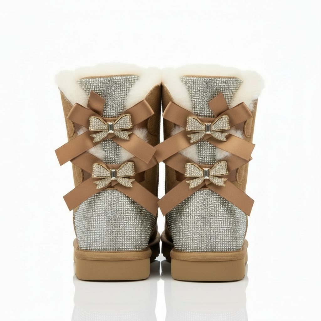 Sparkle Bow Boots Winter Suede Boots with Bow and Glittering Details