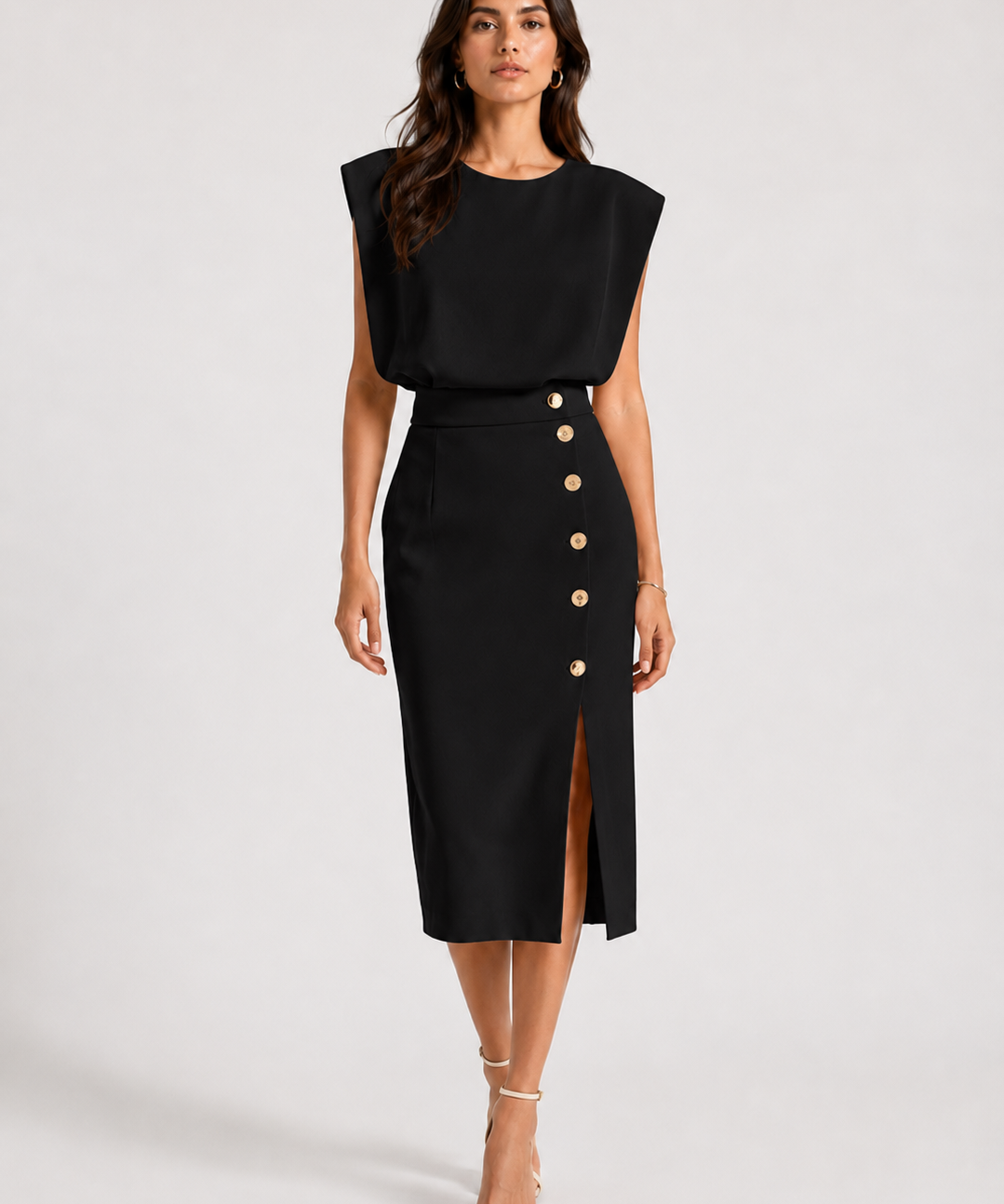 Robe Midi Structurée – Taille définie, détails boutonnés, pour cérémonie et soirée