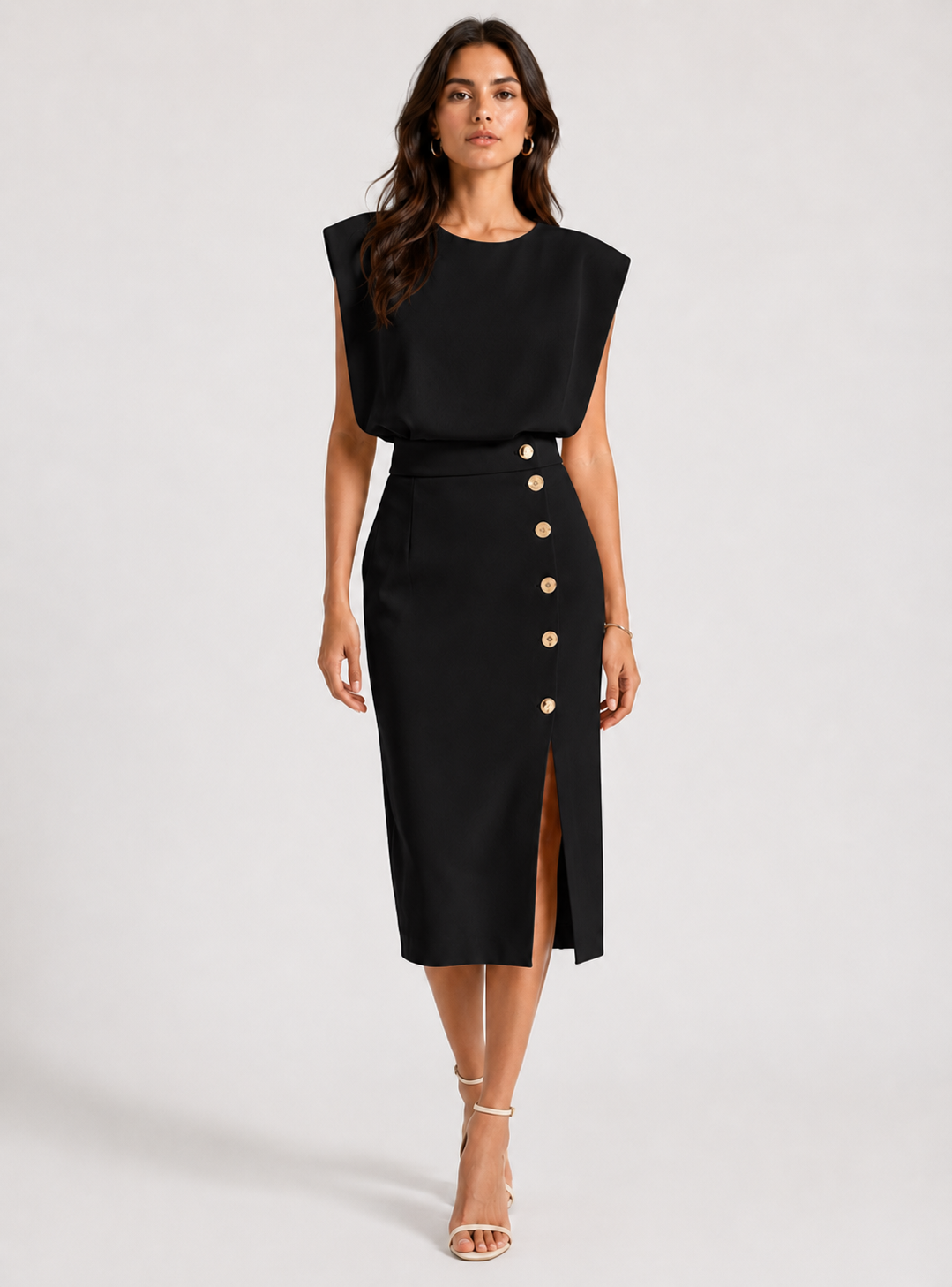 Robe Midi Structurée – Taille définie, détails boutonnés, pour cérémonie et soirée