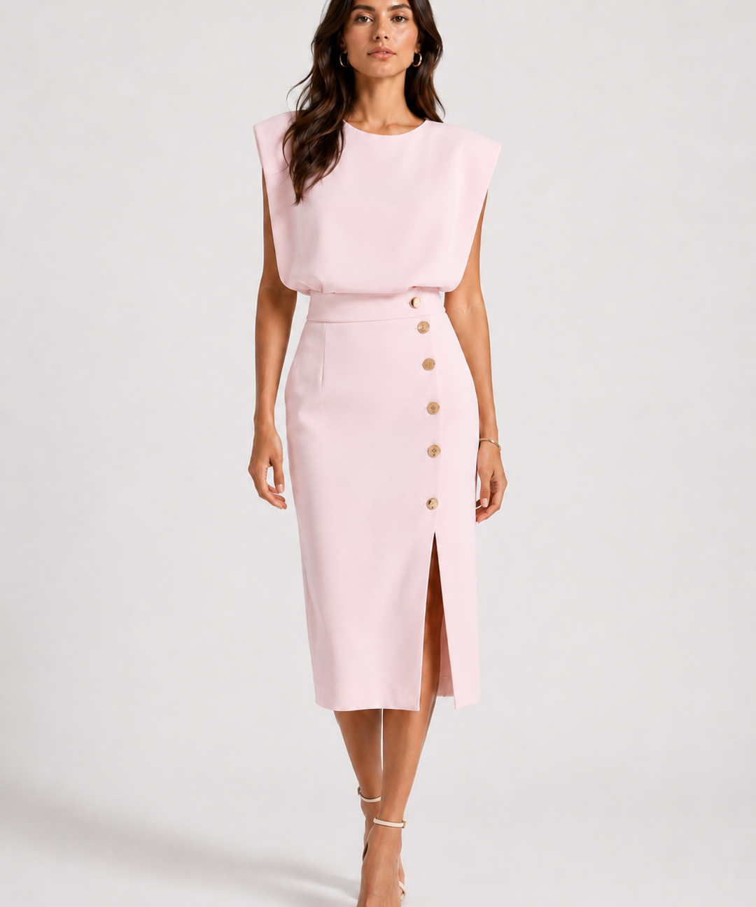 Robe Midi Structurée – Taille définie, détails boutonnés, pour cérémonie et soirée