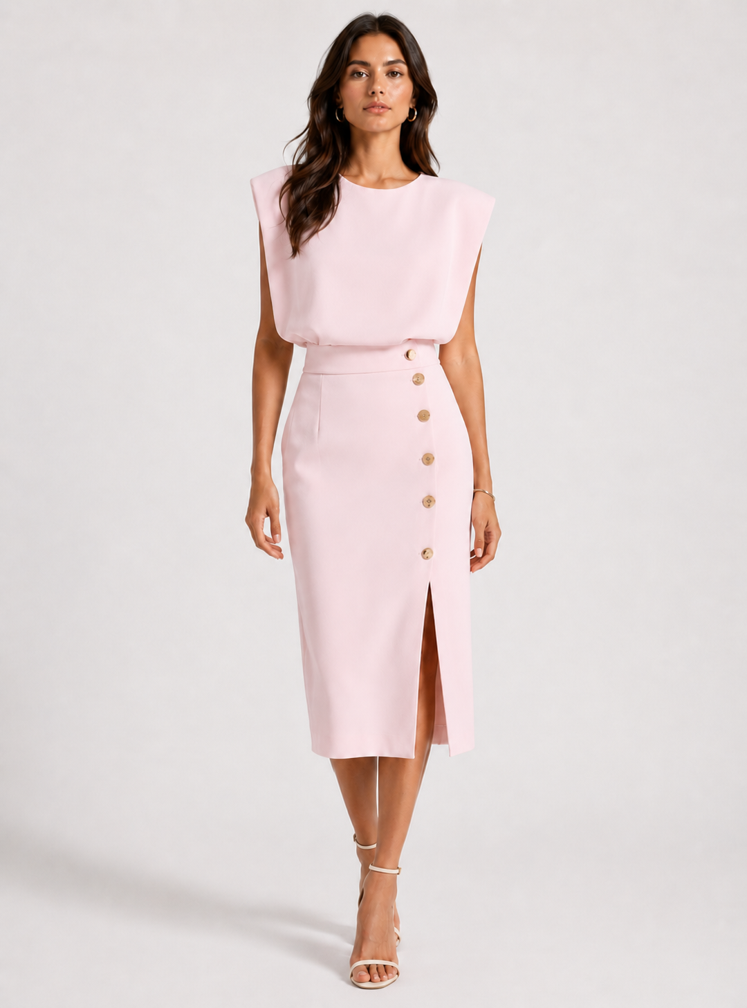 Robe Midi Structurée – Taille définie, détails boutonnés, pour cérémonie et soirée