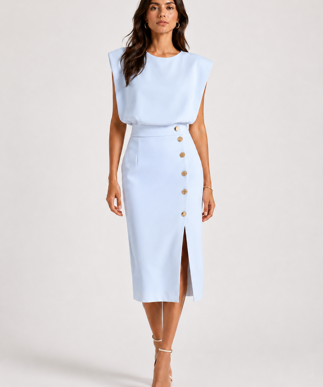 Robe Midi Structurée – Taille définie, détails boutonnés, pour cérémonie et soirée