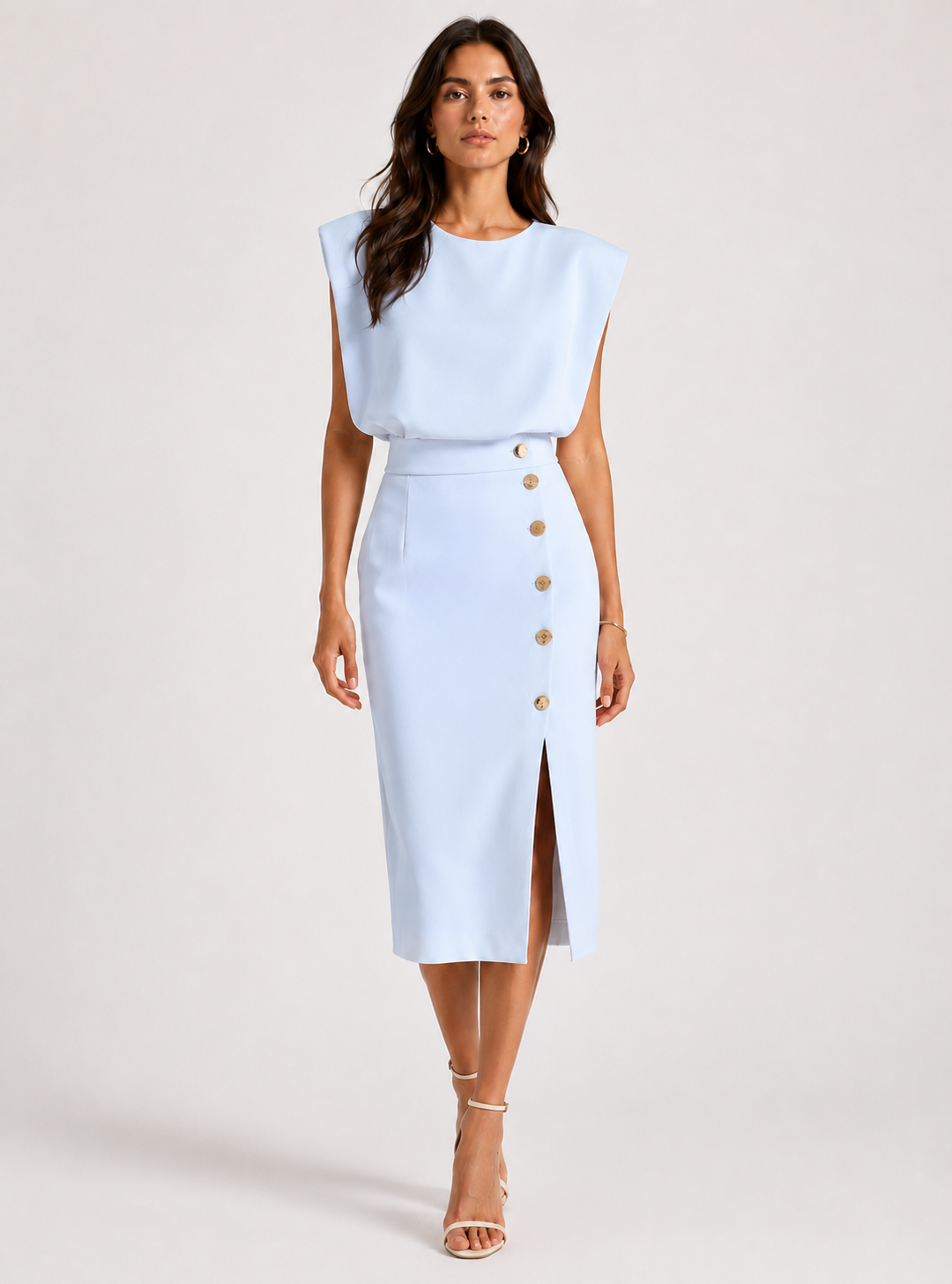 Robe Midi Structurée – Taille définie, détails boutonnés, pour cérémonie et soirée