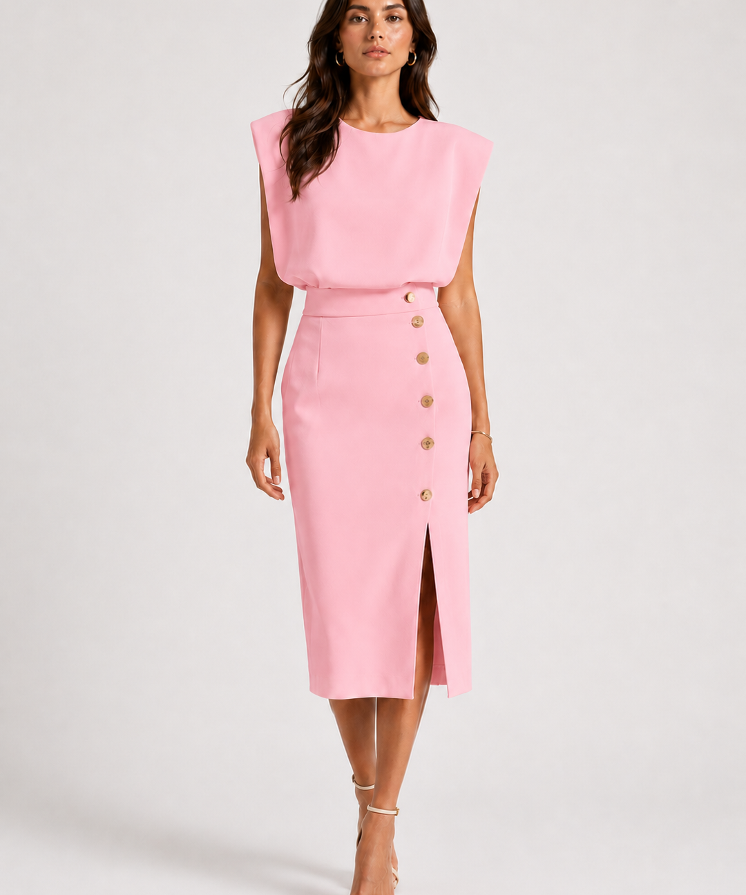Robe Midi Structurée – Taille définie, détails boutonnés, pour cérémonie et soirée