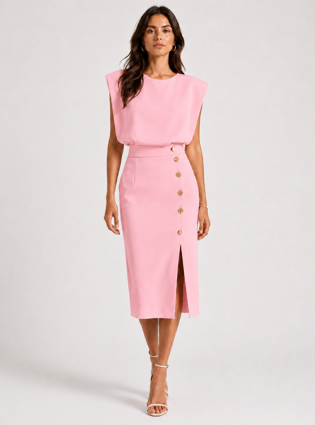 Robe Midi Structurée – Taille définie, détails boutonnés, pour cérémonie et soirée