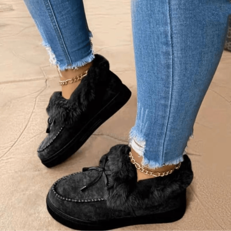 Chaussons Féminins Chaleureux avec Doublure en Fourrure et Nœud Élégant