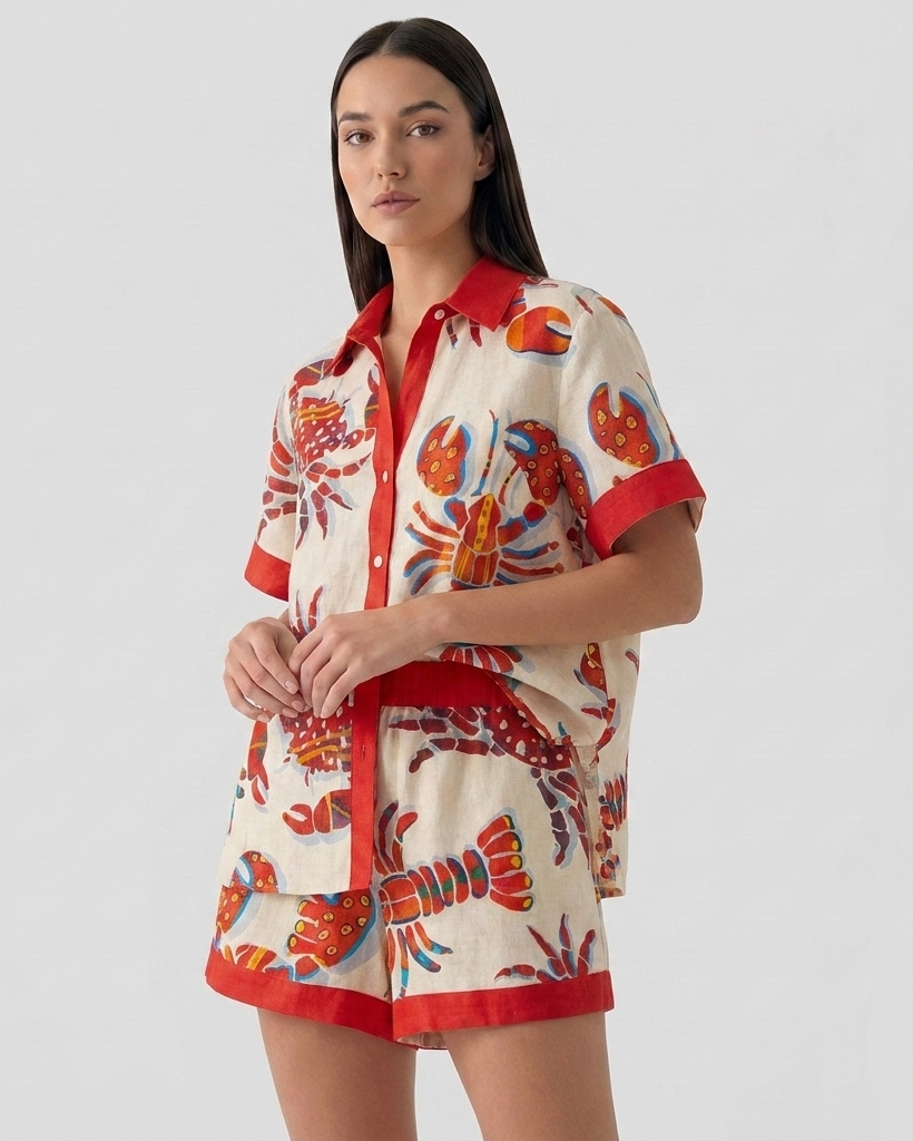 Ensemble Deux Pièces à Imprimé Graphique – Chemise Boutonnée et Short pour Voyages