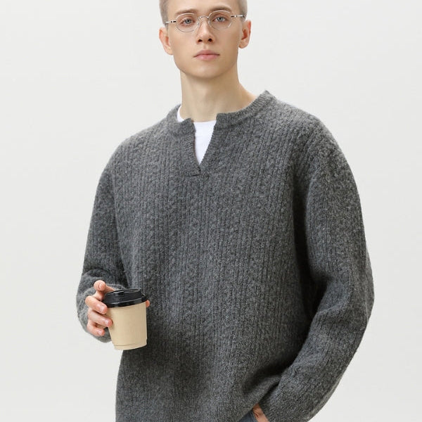 Pull en Tricot Torsadé avec Col en V et Finition Premium