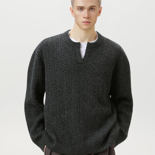 Pull en Tricot Torsadé avec Col en V et Finition Premium