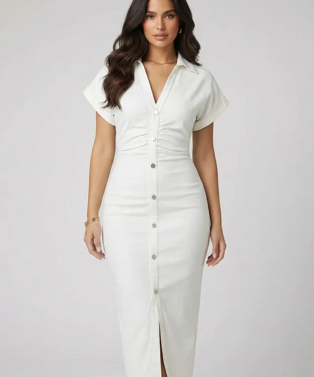 Robe Denim Plissée à Manches Courtes Style Chic Urbain