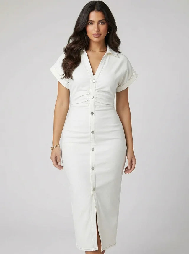 Robe Denim Plissée à Manches Courtes Style Chic Urbain