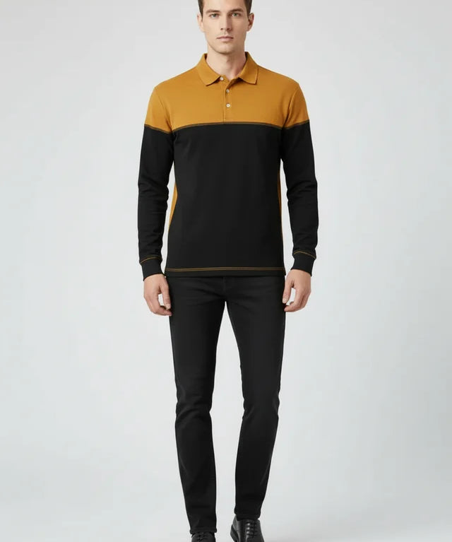 Sweatshirt Homme Col Polo Patchwork Manches Longues Haute Qualité