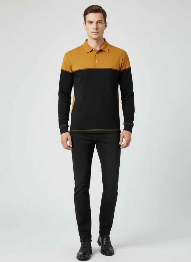 Sweatshirt Homme Col Polo Patchwork Manches Longues Haute Qualité