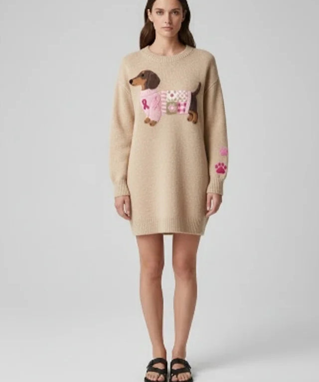 Pull en Tricot Doux avec Motif Teckel en Laine Feutrée