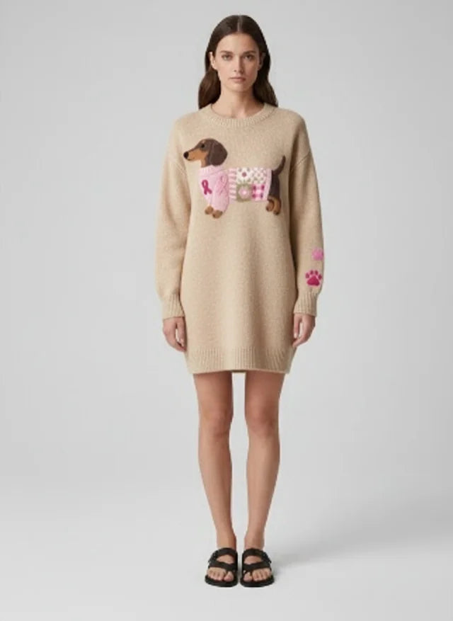 Pull en Tricot Doux avec Motif Teckel en Laine Feutrée