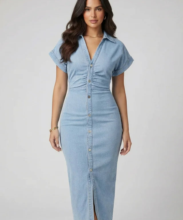 Robe Denim Plissée à Manches Courtes Style Chic Urbain