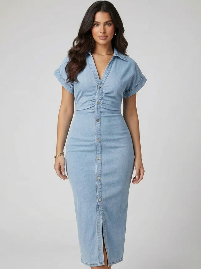 Robe Denim Plissée à Manches Courtes Style Chic Urbain