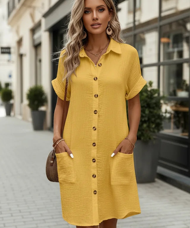 Robe mini vintage col V coton et lin été chic