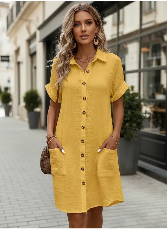 Robe mini vintage col V coton et lin été chic
