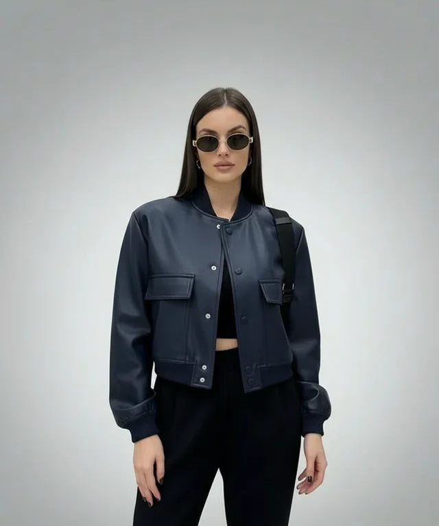 Veste Bomber Vintage Chic à Poches et Manches Longues