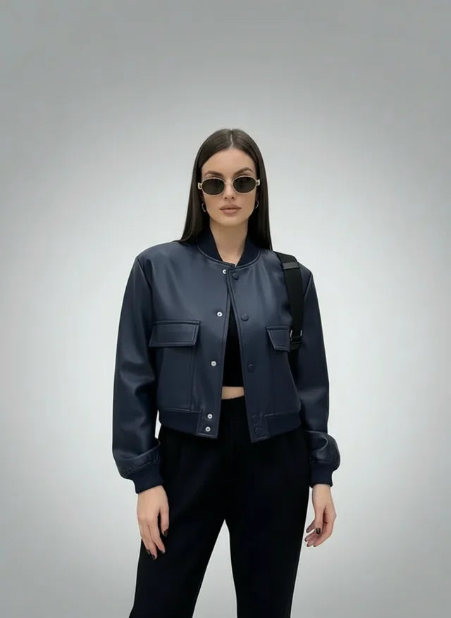 Veste Bomber Vintage Chic à Poches et Manches Longues