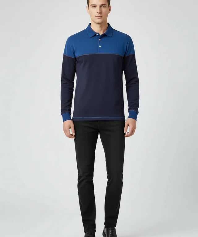 Sweatshirt Homme Col Polo Patchwork Manches Longues Haute Qualité