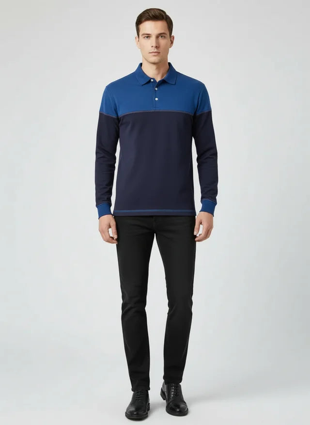Sweatshirt Homme Col Polo Patchwork Manches Longues Haute Qualité