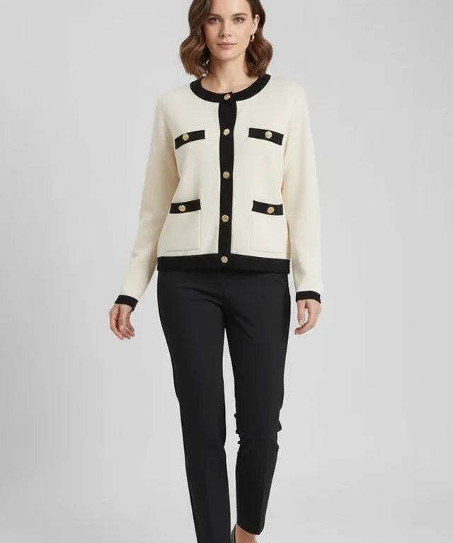 Veste en tricot élégante femme col rond noir et blanc