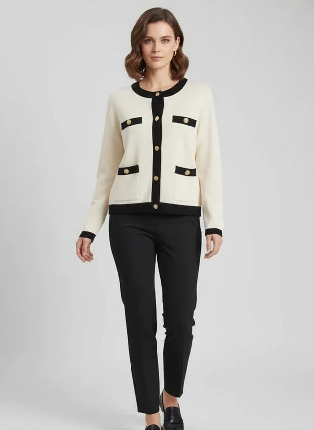 Veste en tricot élégante femme col rond noir et blanc