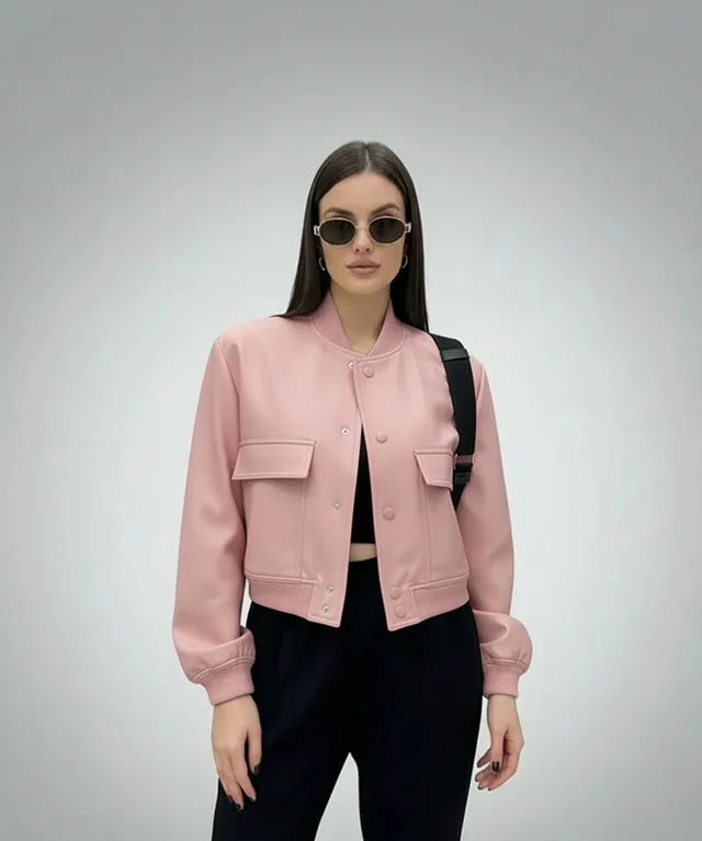 Veste Bomber Vintage Chic à Poches et Manches Longues